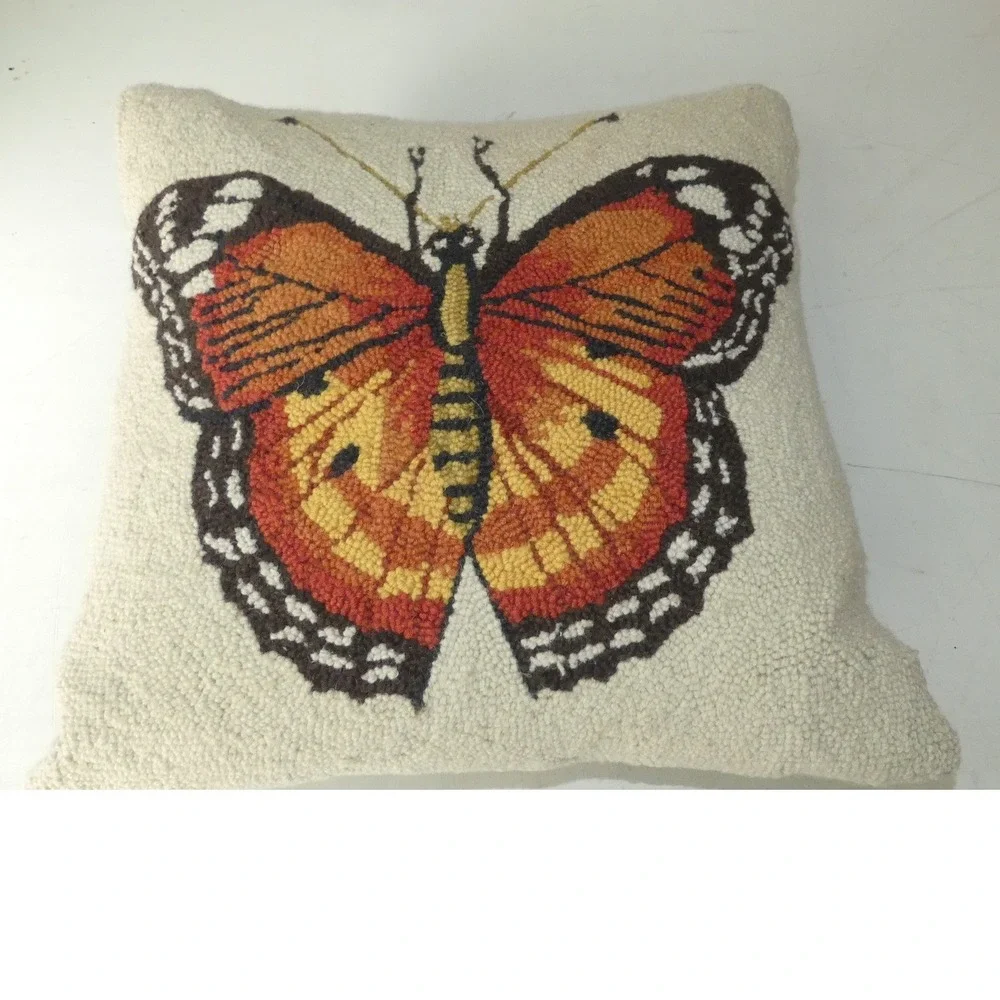 Hand Hooked Wool Butterfly Throw Pillow 18x18 Monarch Orange Black Nature Boho